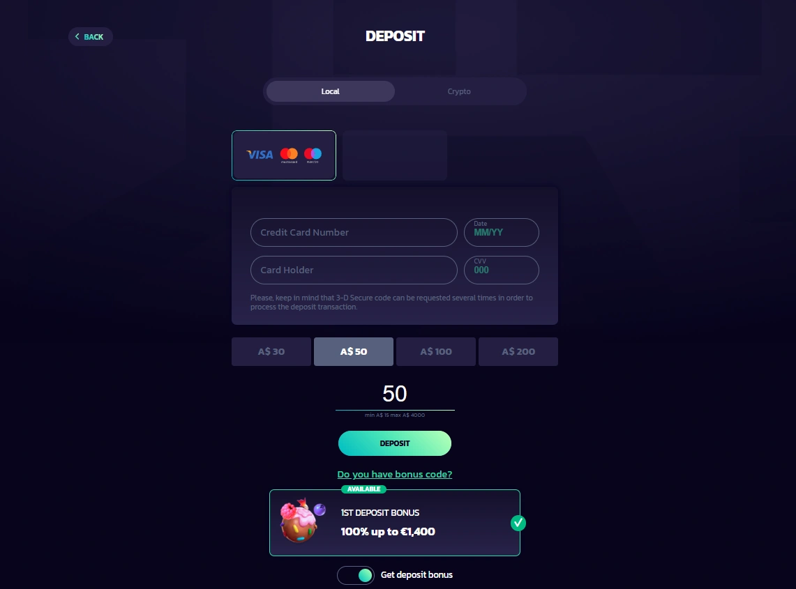Deposit page showing Local tab, card details form, preset AU dollar amounts and bonus toggle
